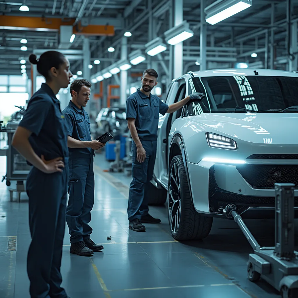 Equipo trabajando en Autoshop Futurista